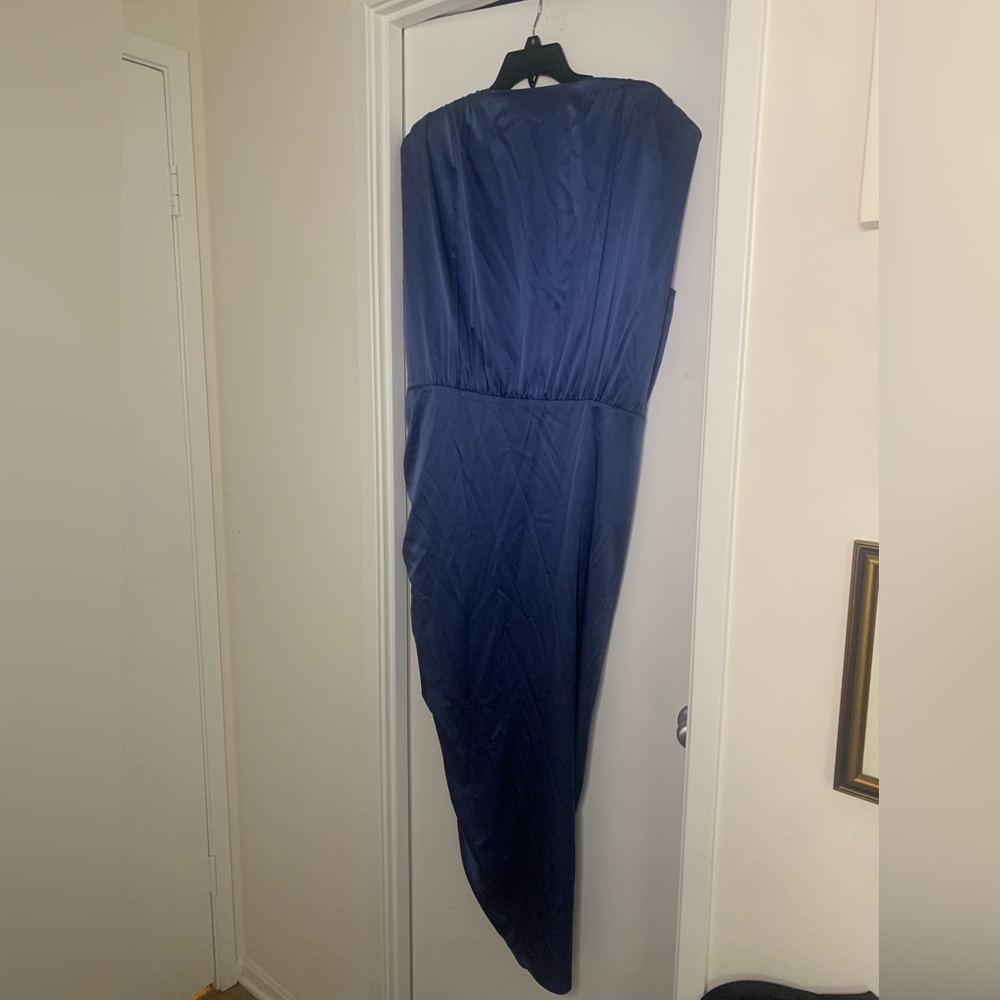 Veronica Beard Blue Satin Asymmetrical Ruched Dress Flawed - Picture 8 of 12